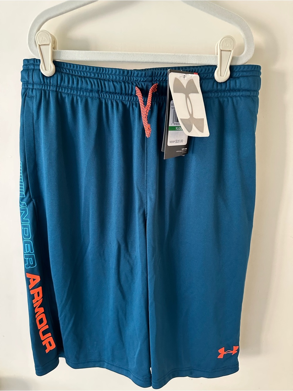 NWT Under Armour Boys Youth Large L Techno Teal/Magma Orange Active wear Shorts